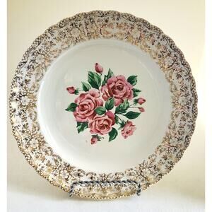 PLATES-SEBRING POTTERY-Dinner-"China Bouquette"-Roses-22K Gold Rim-9.5"-Replace